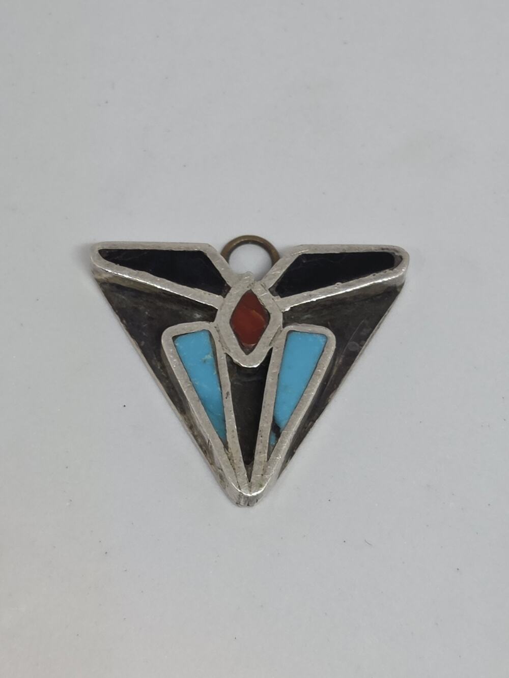Pendant Multi-Colored Inlaid Artisan Made Triangle Design Silvertone